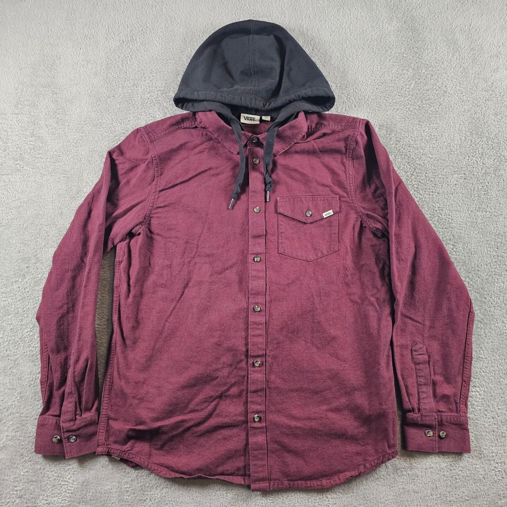 Vans Mens Hooded Button Down Shirt Burgundy Maroon Black Hood Medium